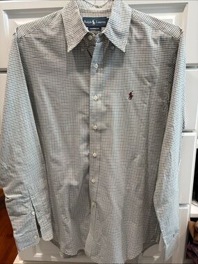 Ralph Lauren Men's White Shirt with Green & Blue Micro-Check